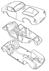 Tři nosné laminátové díly automobilu Lotus 14 Elite, prvního GT se samonosnou karoserií z plastů (1957 – 1963; celkem 988 vozů)