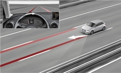 Audi Lane Assist varuje řidiče při nechtěném opuštění jízdního pruhu; k této činnosti využívá čelní kameru