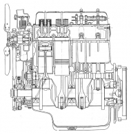 Příčný řez motoru z produkce Praga (čistič vzduchu převzat z RN), v podélném řezu za klínovou řemenicí třecí tlumič torzních kmitů klikového hřídele