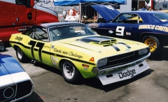 Dodge Challenger, s nímž jezdil slavný Sam Posey (1970 celkově čtvrtý), na závodech klasických vozů v Laguna Seca (2002)