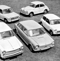Nabídka v roce 1968, uprostřed Morris 1800, vlevo 1100 a Oxford, nahoře Minor a vpravo originální Mini 850/1000