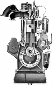 Na příčném řezu motoru je zřejmý velký průměr hlavních válečkových ložisek (ZKL-NG 180)