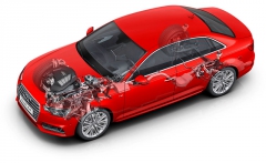 Uspořádání podvozku Audi A4 2.0 TFSI, a to pouze s předním pohonem (jen se čtyřválci)