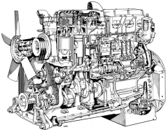 Gardner 6LXC s hliníkovou klikovou skříní, litinovým blokem a dvěma hlavami válců v názorném průhledu (výkon 201 k/148 kW/1920 min‑1)