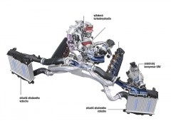 Schéma třístupňové přeplňovací soustavy s dvojicí turbodmychadel umístěnou mezi řadami válců