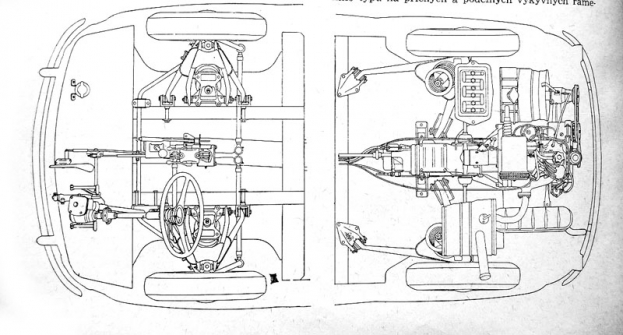 Schéma přední a zadní části podvozku Fiatu 600 Multipla, ukazující na uspořádání závěsů kol a umístění poháněcí soustavy 