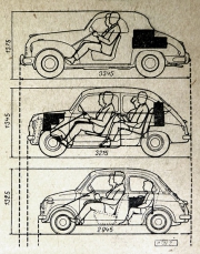 Nový Fiat 500 (dole) v rozměrovém náčrtku, naznačujícím pokrok Fiatu ve využívání obestavěného prostoru, ve srovnání s Topolinem (nahoře) a typem Fiat 600 (uprostřed)