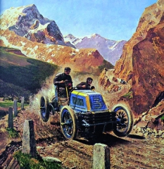 Baron Pierre de Caters s vozem Mors ve vražedných serpentýnách při zdolávání sedla Arlberg (Paříž-Vídeň, 1902).