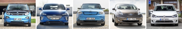 Srovnání pěti plnohodnotných elektromobilů prodávaných oficiálně na českém trhu: zleva BMW i3, Hyundai Ioniq Electric, Kia Soul EV, Nissan Leaf a Volkswagen e-Golf
