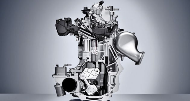 Příčný řez motorem Infiniti VC-T ukazuje uspořádání mechanismu pro změnu kompresního poměru
