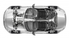 Příklad klasické koncepce pohonu (nahoře). Struktura karoserie čtvrté generace Mazdy MX-5 využívá především vysokopevnostní ocel (dole)