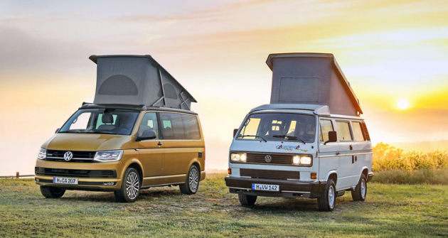 VW California vpravo na podvozku T3, vlevo T6