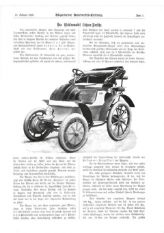 Automobil Allgemeine Zeitung z roku 1900 a popis elektromobilu Lohner s pohonem systému Lohner-Porsche.