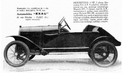 Inzerát Exau (1922). Dvoumístný typ 6HP pohání čtyřválec s třístupňovou převodovkou