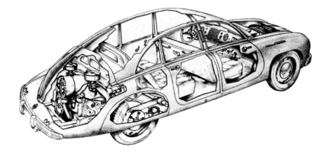 Průhled vozem Tatraplan v provedení vyráběném v letech 1949 – 1952