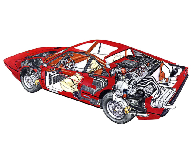 Průhledová kresba Ferrari 308 GTB z firemního prospektu