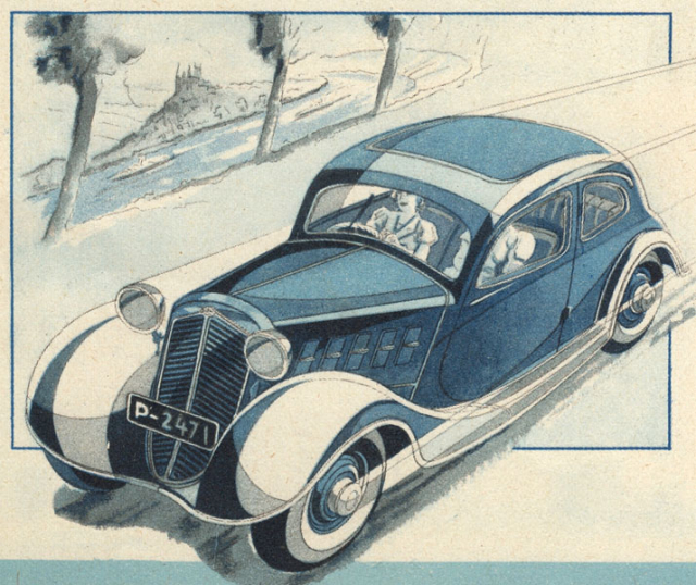 Limuzínka Z 4 čtvrté série ročníku 1935 na dynamické kresbě z prospektu