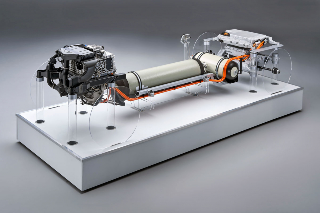 Uspořádání hlavních komponent prototypu budoucího vodíkového BMW X5. Vpředu je palivový článek a pod ním výkonová elektronika, uprostřed vodíkové nádrže a vzadu akumulátor s elektromotorem