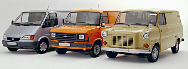 První tři generace Fordu Transit z minulého století – 1965, 1978 a 1995 (zprava)