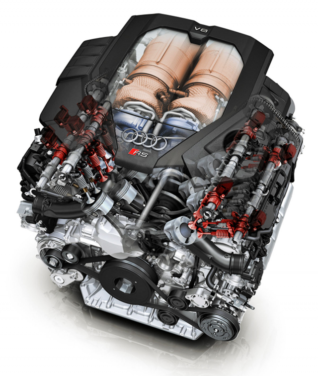 Motor V8 s dvojicí dvoukomorových turbo­dmychadel umístěnou mezi řadami válců má vypínatelné čtyři válce (červeně ­zvýrazněné ventily)