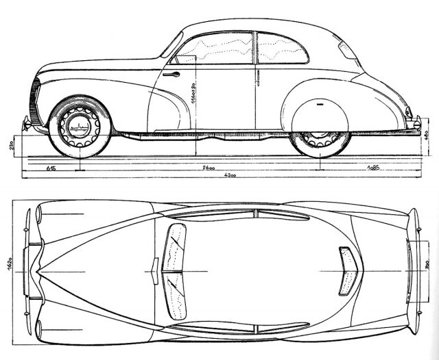 Kresba dvoudveřového prototypu Aero Rekord, zhotovená v září 1945