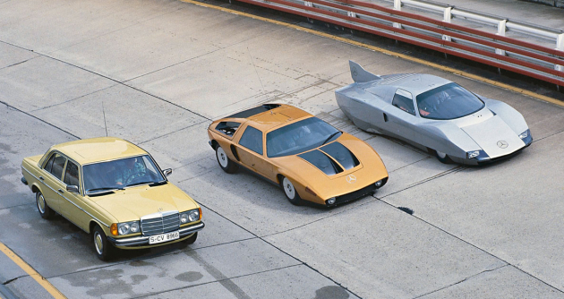 Inovace podle Mercedesu: lovec rekordů, koncept C 111/III z r. 1977 (vpravo), vedle C 111/II z r. 1969 a „piáno“ W 123 z poloviny 70. let Inovace podle Mercedesu: lovec rekordů, koncept C 111/III z r. 1977 (vpravo), vedle C 111/II z r. 1969 a „piáno“ W 123 z poloviny 70. let