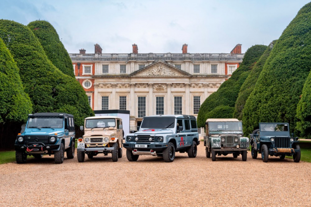 Ineos Grenadier má ambice stát se pokračovatelem odolných pracovně/vojenských off-roadů. Zleva: Mercedes-Benz třídy G, Toyota Land Cruiser, Ineos Grenadier, Land Rover (později Defender) a Jeep Willys