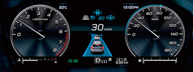 Digitální přístroje nového Subaru Levorg (zatím jen pro Japonsko) nabízejí nové možnosti zobrazení činnosti systému EyeSight