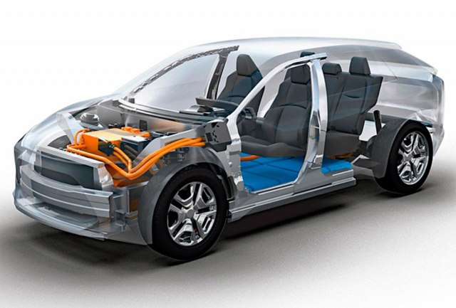 Akumulátory pod podlahou, dvojice elektromotorů, výkonová elektronika vpředu, to celé v karoserii s délkou odpovídající Toyotě RAV4 (4,6 m)