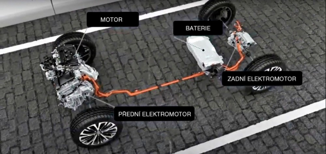 Schéma hybridního poháněcího ústrojí Yarisu Cross i-AWD se od ostatních verzí této řady i výchozího Yarisu liší pouze dalším elektromotorem na zadní nápravě