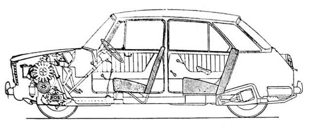 Motor je uložen před přední nápravou, s klikovým hřídelem vedeným napříč vozu. Chladič je u levého předního kola, zde je zakreslen pouze jako šestnáctilopatkový větrák. Díky konstrukci závěsů kol Hydrolastic bylo možno zvolit velký rozvor náprav v poměru k celkové délce karoserie. Celých 80 procent půdorysné plochy automobilu lze využít pro dopravu osob a jejich zavazadel, přičemž příď vozu by bylo možné ještě poněkud zkrátit
