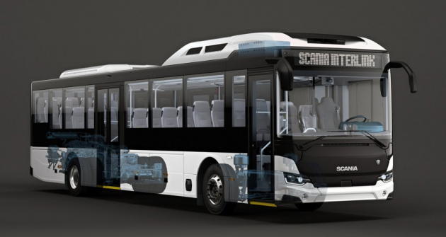Linkový autobus Scania Interlink s vyznačením pohonu spalovacím motorem a náprav