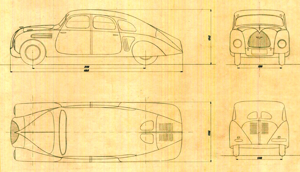 Výkres aerodynamického sedanu Škoda 935 Dynamic v měřítku 1:20