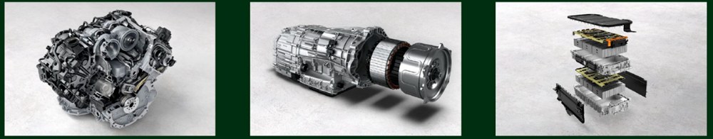 Tři základní prvky plug-in hybridního poháněcího systému modelů Continental GT S a GTC S. Párem turbodmychadel přeplňovaný V8 4,0 l (382 kW/770 N.m), osmistupňová dvouspojková převodovka ZF s vestavěným elektromotorem (140 kW/450 N.m) a trakční akumulátor s celkovou kapacitou 25,9 kWh