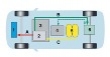 Systém pohonu ve zdvojené podlaze F600: A - teplo, B - elektrická energie, C- vodík; 1 - chladič, 2 - palivový článek, 3 - soustava palivových článků, 4 - vysokonapěťový akumulátor, 5 - vodíkové nádrže, 6 - trakční elektromotor/generátor