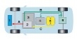 Systém pohonu ve zdvojené podlaze F600: A - teplo, B - elektrická energie, C- vodík; 1 - chladič, 2 - palivový článek, 3 - soustava palivových článků, 4 - vysokonapěťový akumulátor, 5 - vodíkové nádrže, 6 - trakční elektromotor/generátor