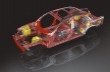 Jaguar XJ: tlakové odlitky (žlutá) se používají na nejzatěžovanějších místech. Červeně jsou výlisky.